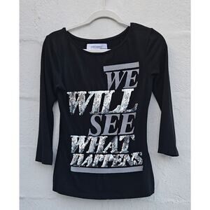Zara T Shirt Womens Medium Black Silver Sequin Sparkly We Will See What Happens